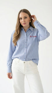 Camicia Azzurra a Righe con Ricamo "St. Tropez"
