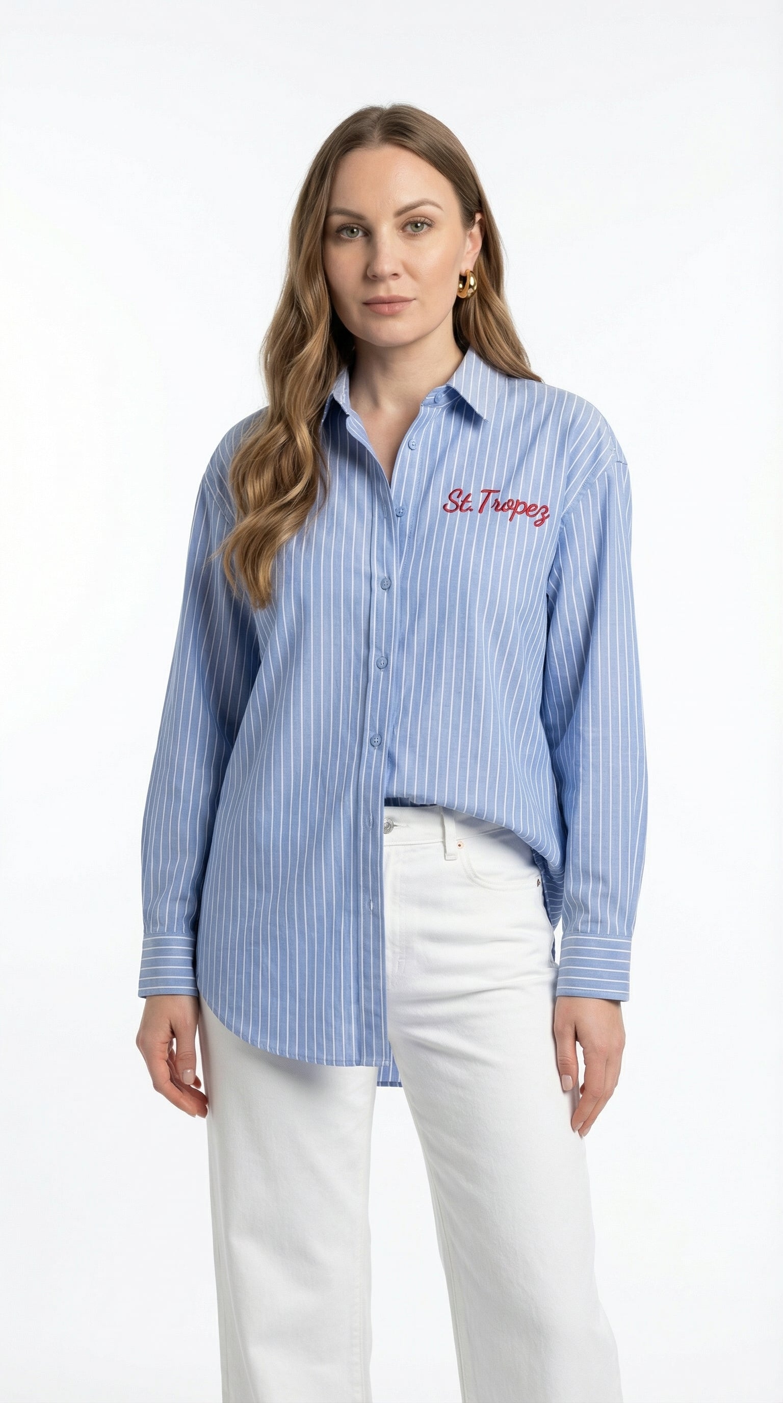 Camicia Azzurra a Righe con Ricamo "St. Tropez"