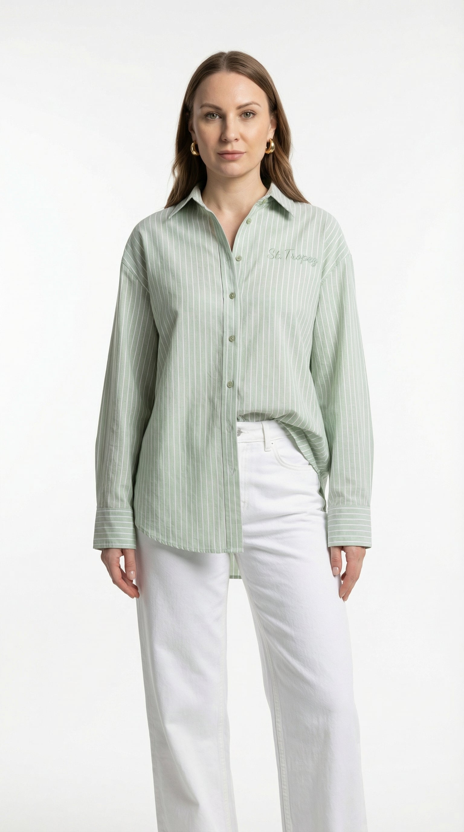 Camicia Verde salvia a Righe con Ricamo "St. Tropez"