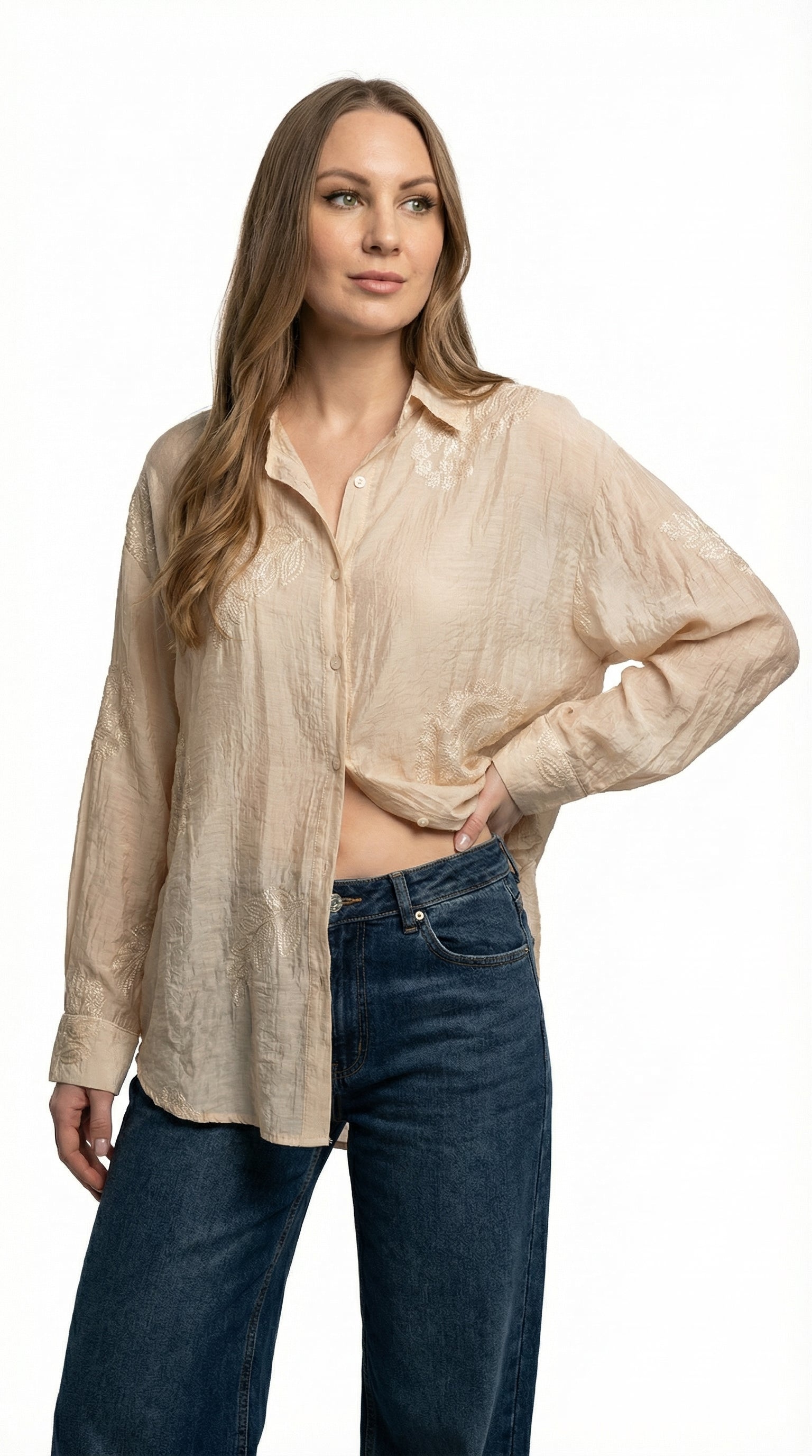 Camicia Beige chiaro con Ricami e Micropaillettes
