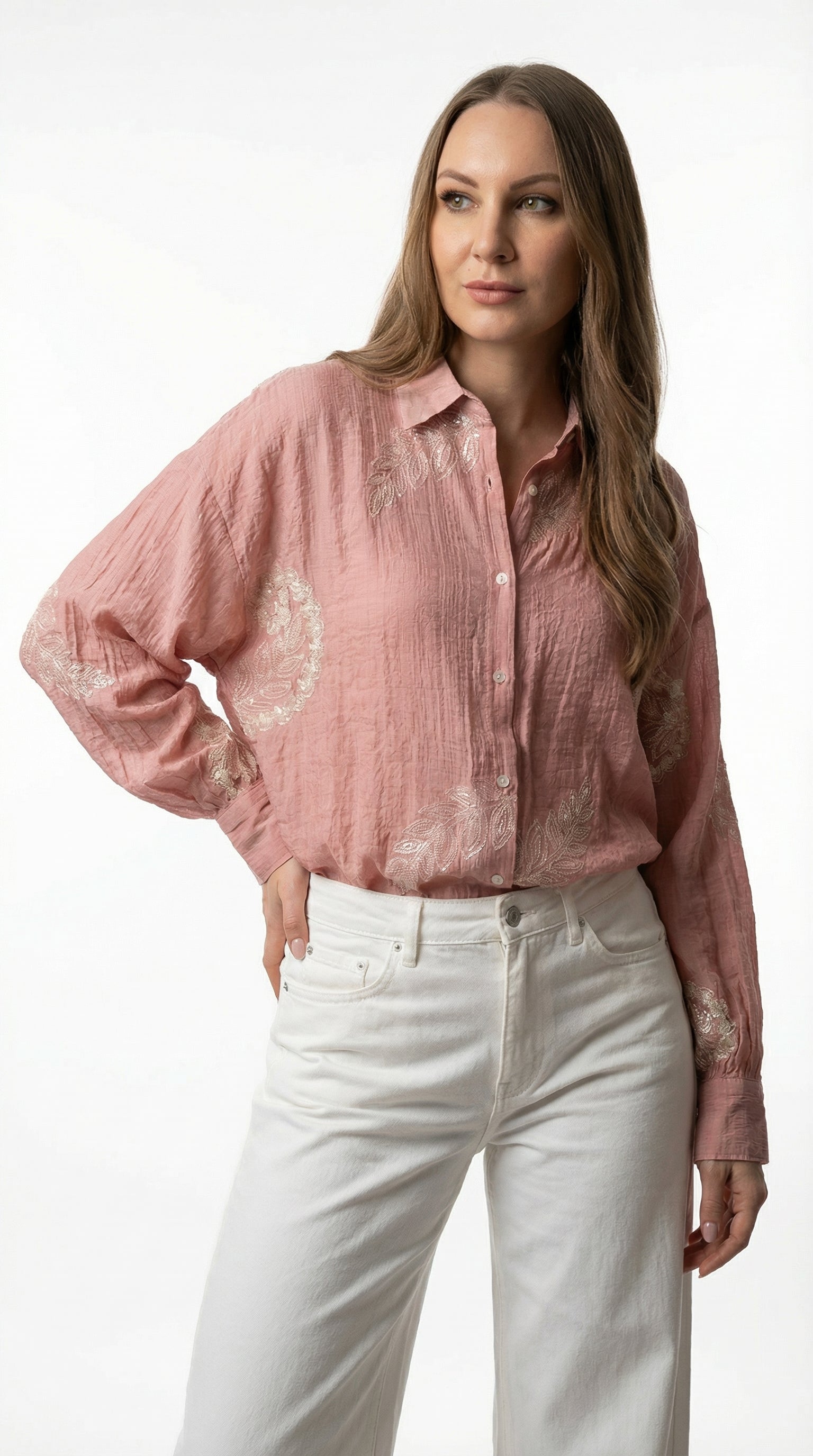 Camicia Rosa con Ricami e Micropaillettes