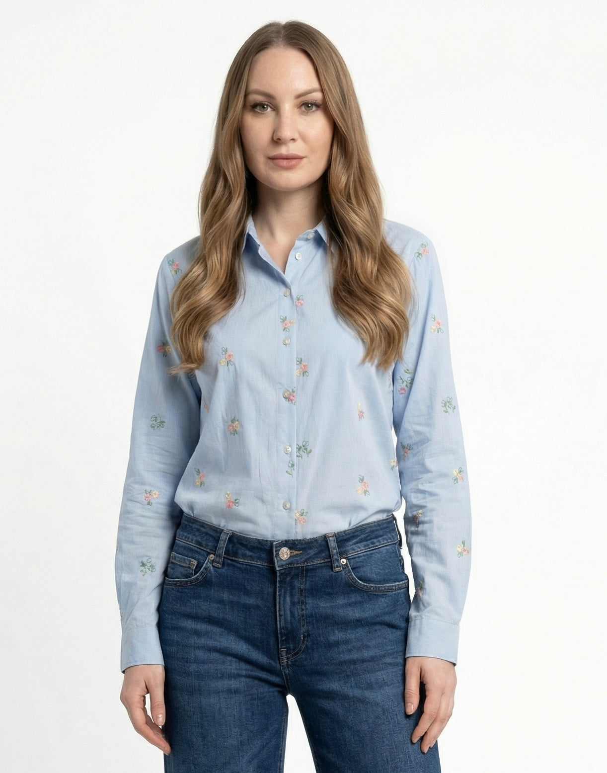 Camicia Azzurra con Ricami Floreali