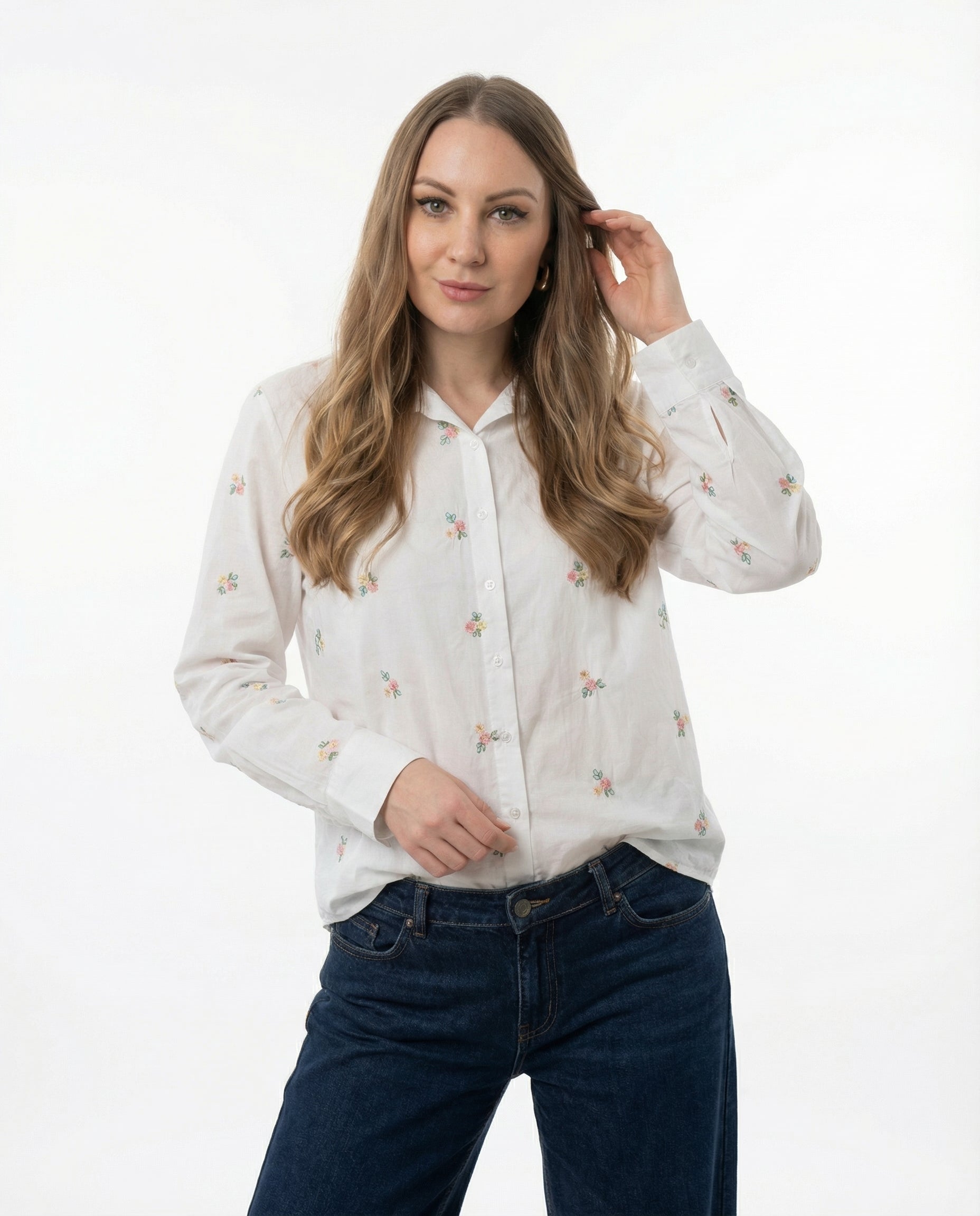Camicia Bianca con Ricami Floreali