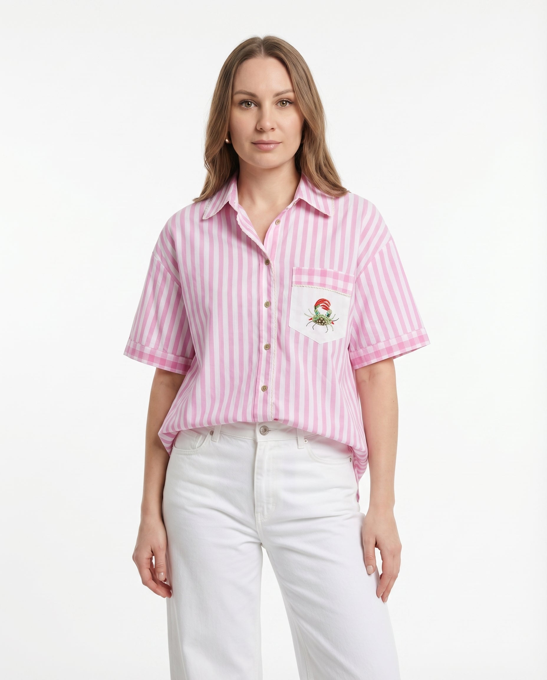 Camicia Rosa a Righe con Taschino Ricamato