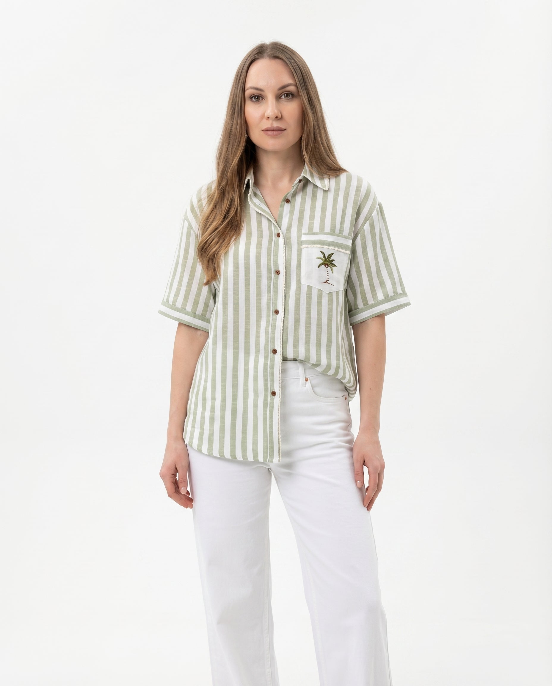 Camicia Verde salvia a Righe con Taschino Ricamato