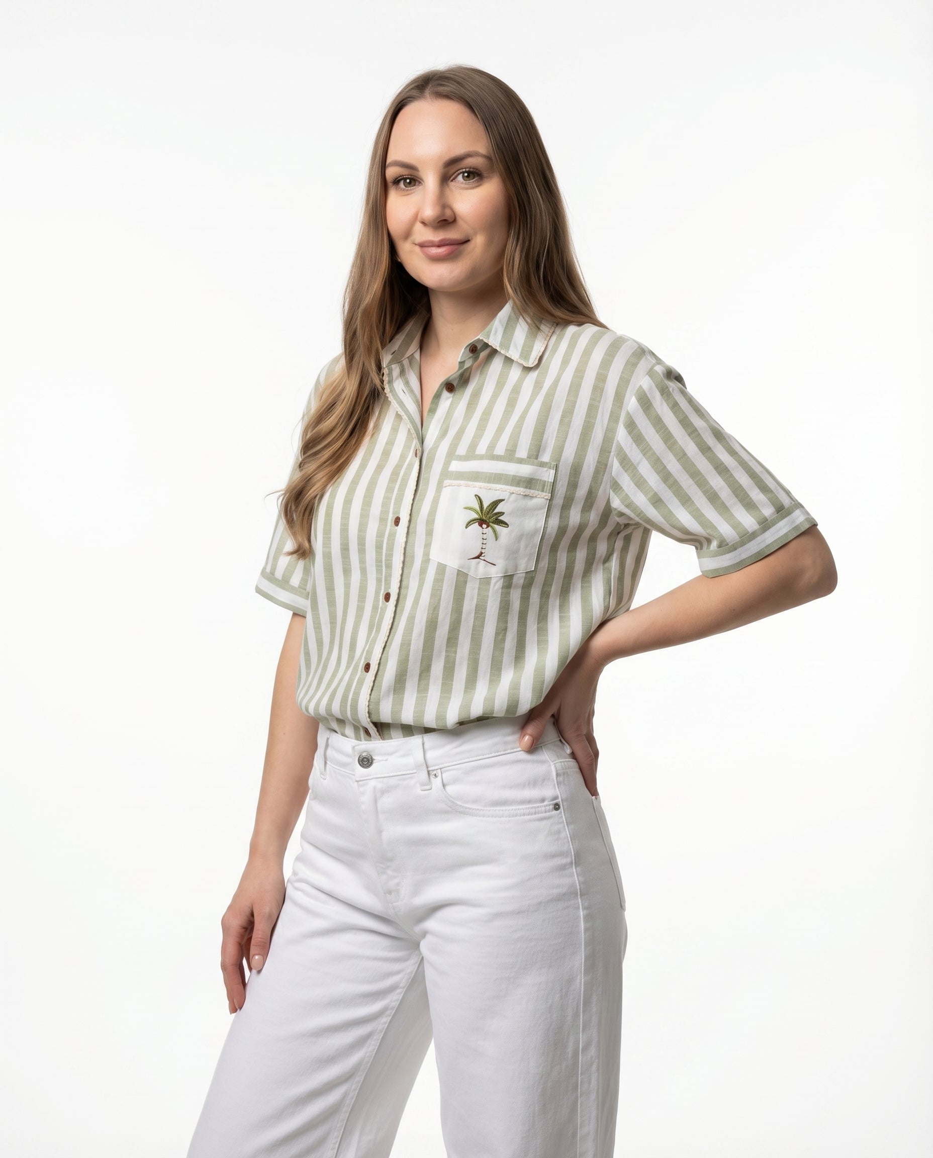 Camicia Verde salvia a Righe con Taschino Ricamato