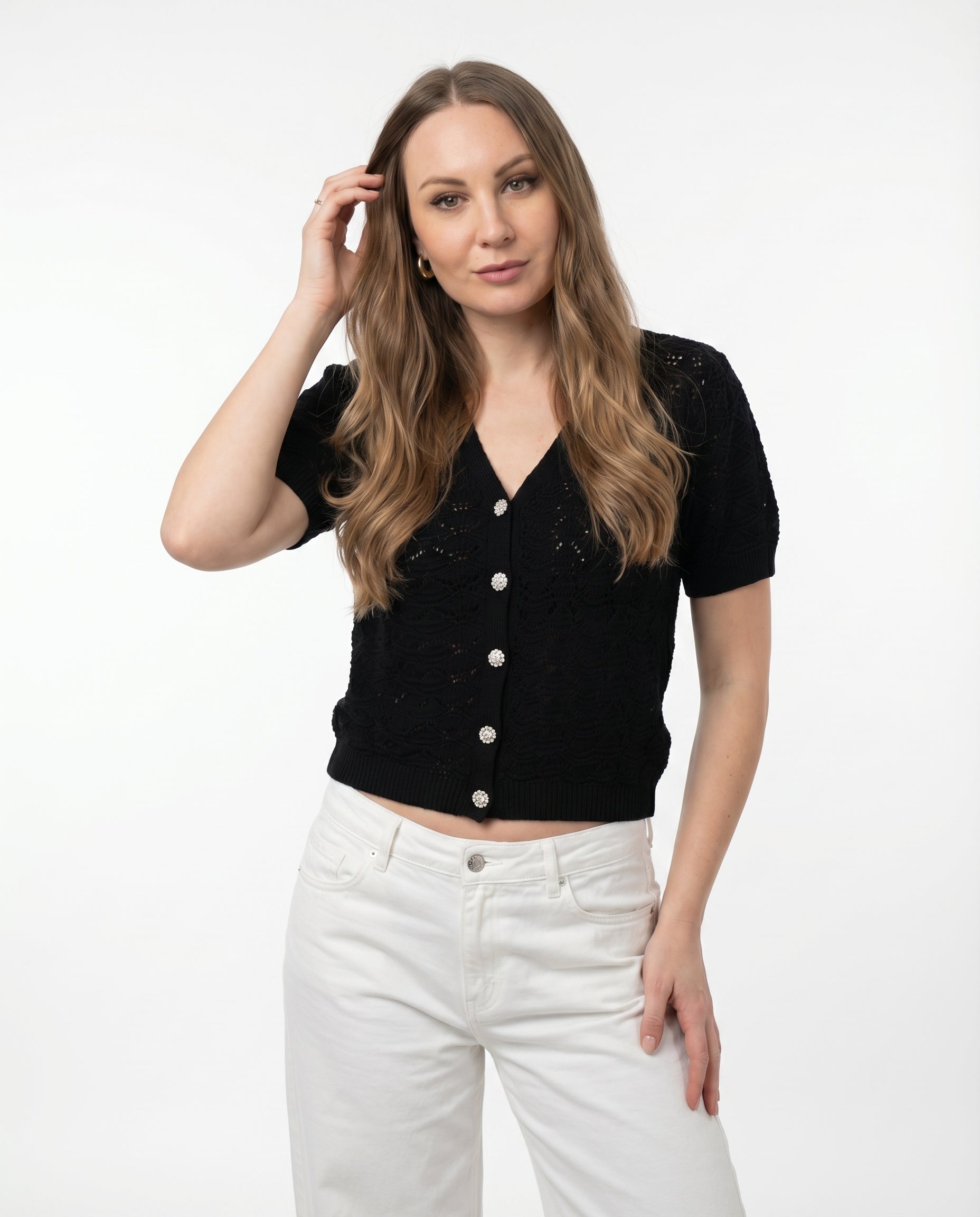 Cardigan Nero Traforato con Bottoni Gioiello