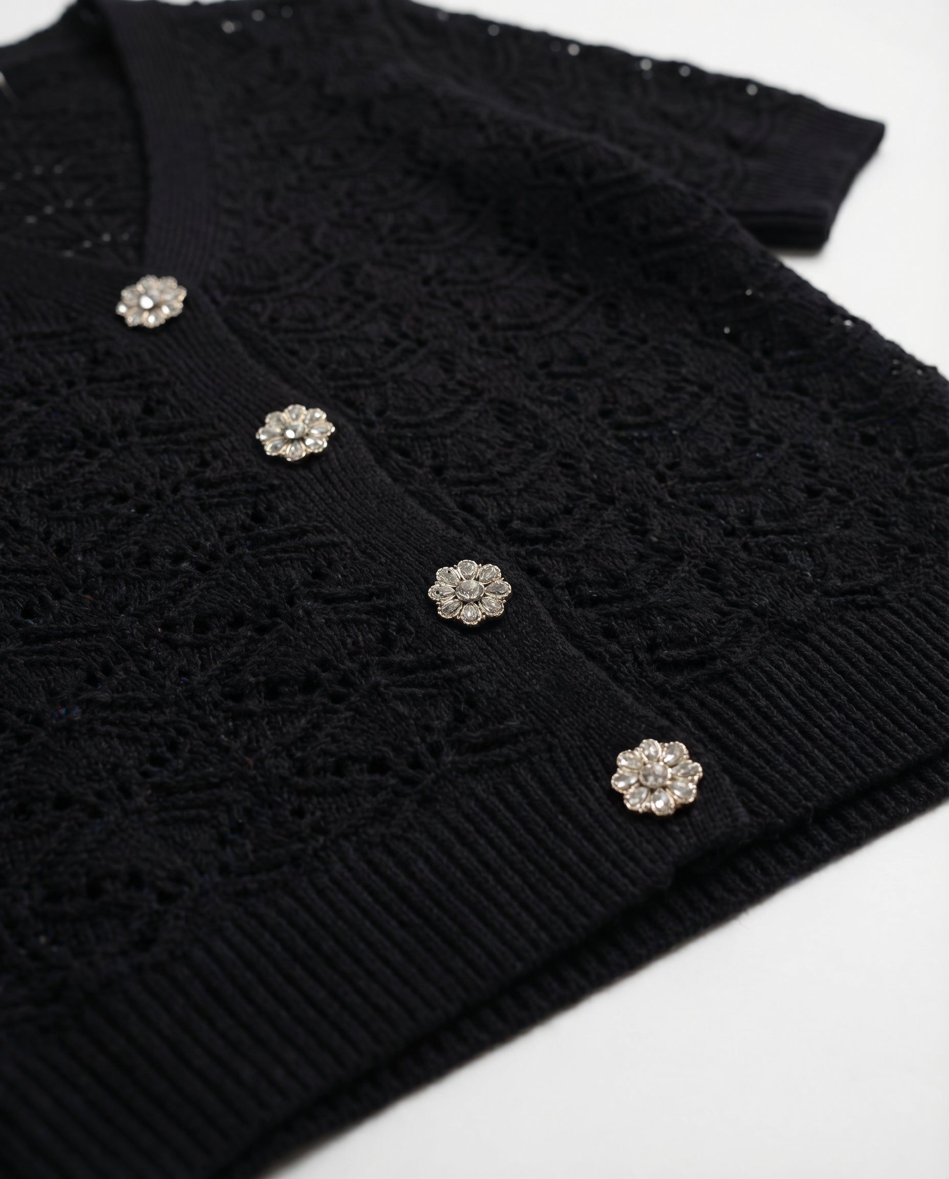 Cardigan Nero Traforato con Bottoni Gioiello