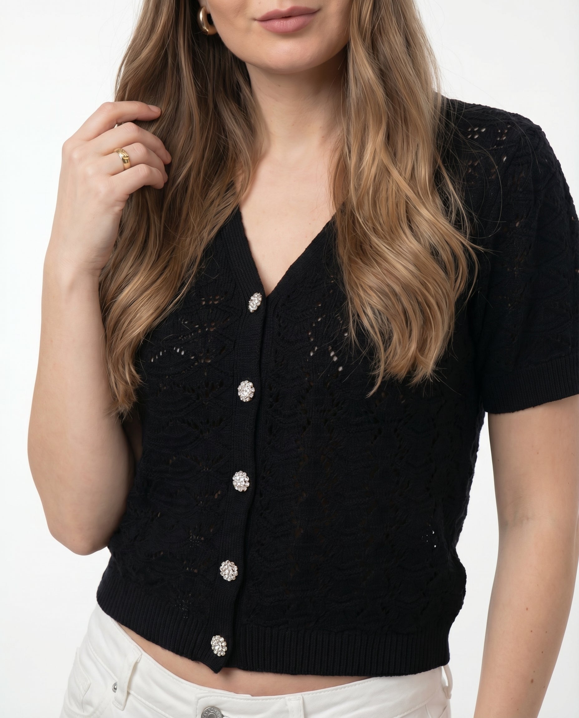 Cardigan Nero Traforato con Bottoni Gioiello