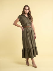 Abito Lungo Chemisier Verde Militare con Cintura