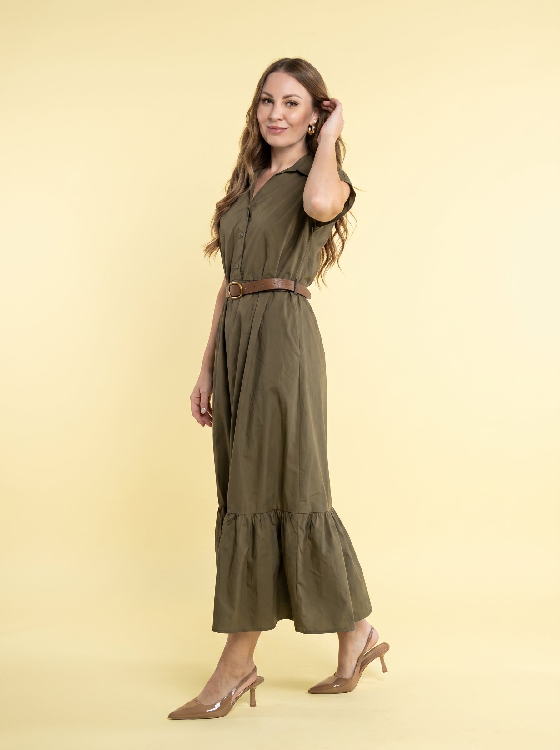 Abito Lungo Chemisier Verde Militare con Cintura