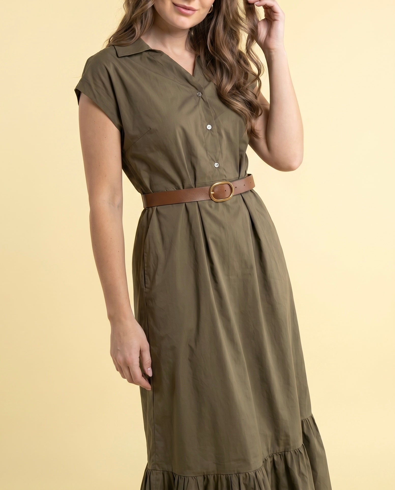 Abito Lungo Chemisier Verde Militare con Cintura