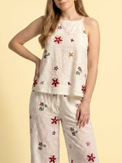 Completo Ricamato bianco con Top e Pantalone Palazzo