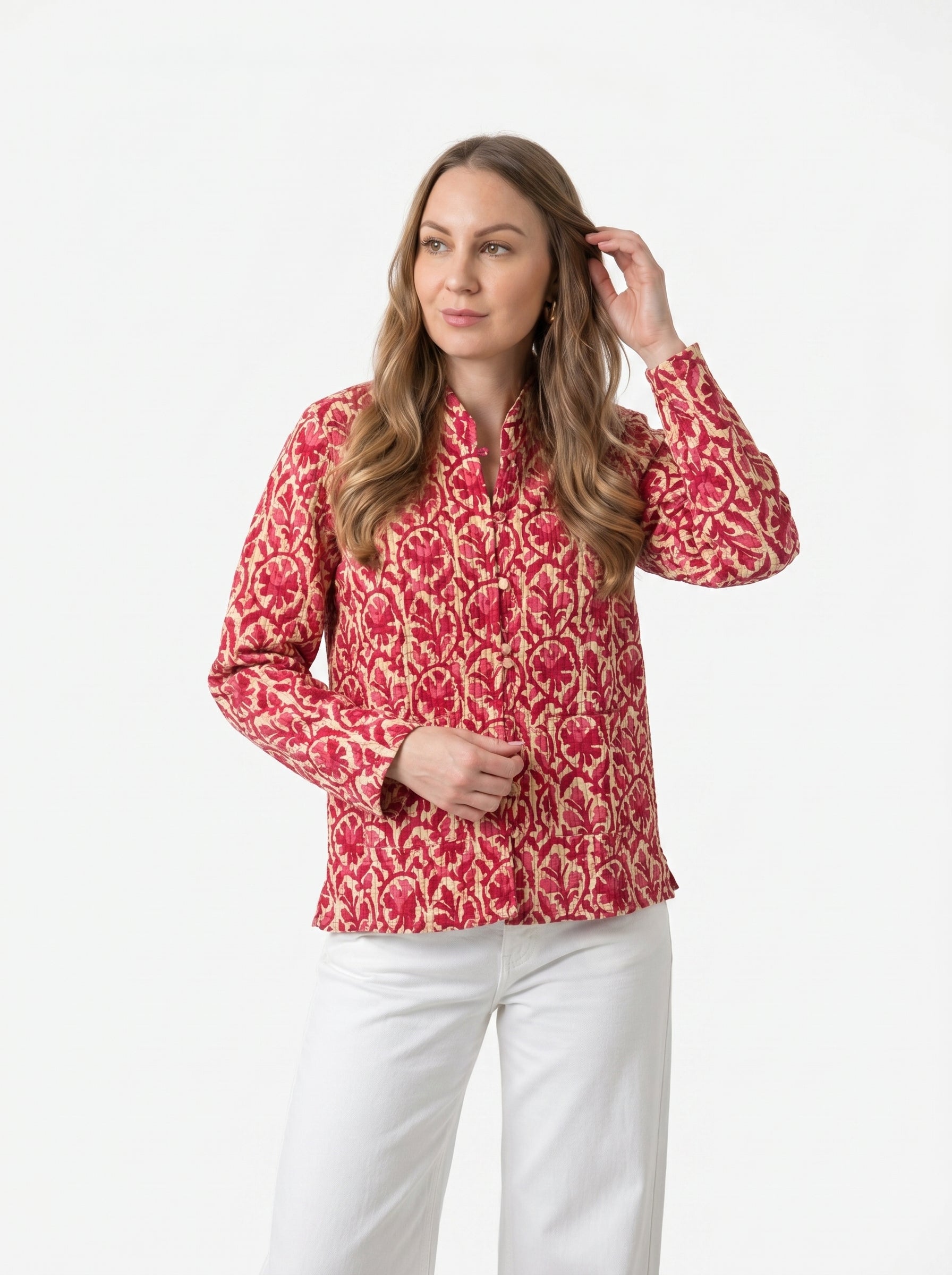 Giacca Trapuntata Fantasia Rosso e Beige