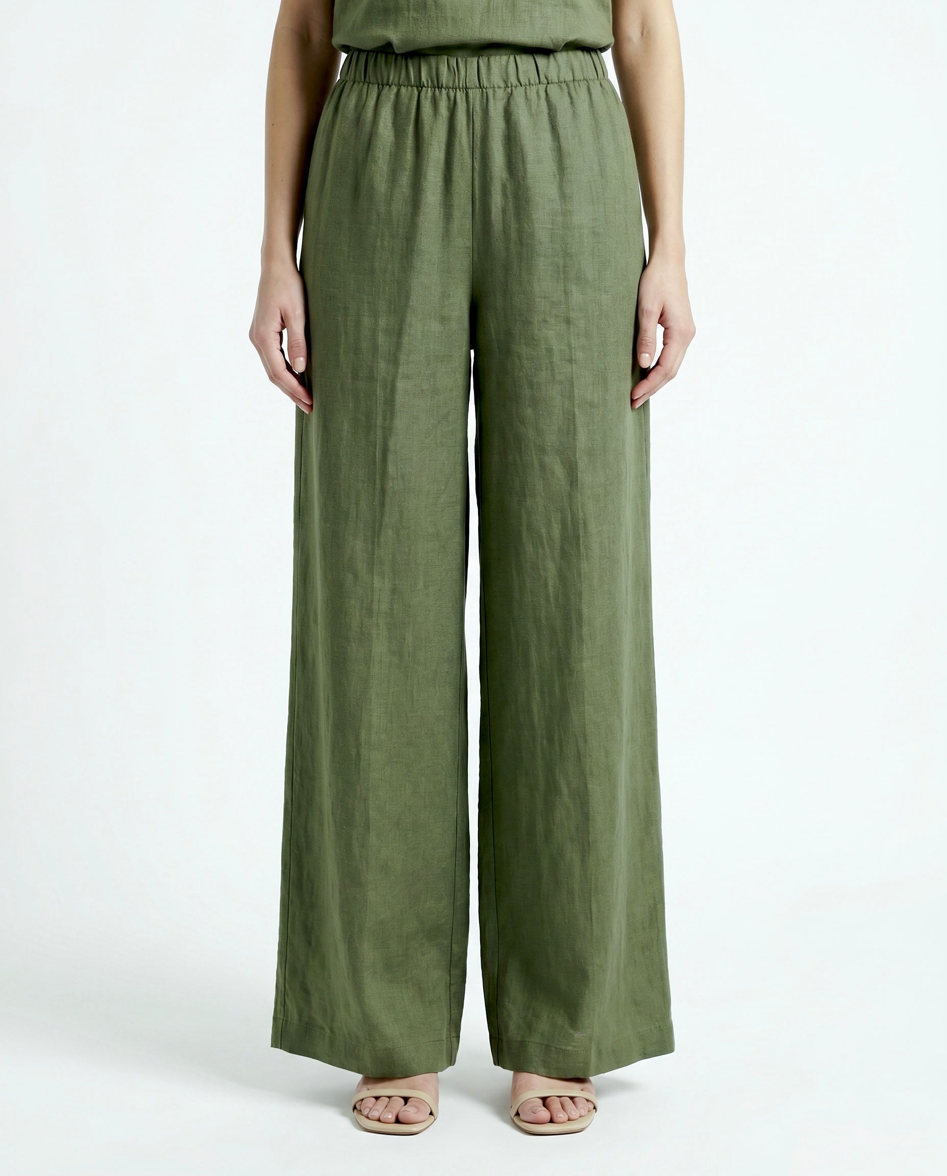 Pantalone Palazzo Verde militare in Lino con Elastico in Vita