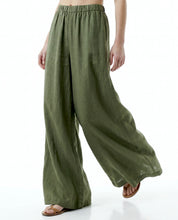 Pantalone Palazzo Verde militare in Lino con Elastico in Vita