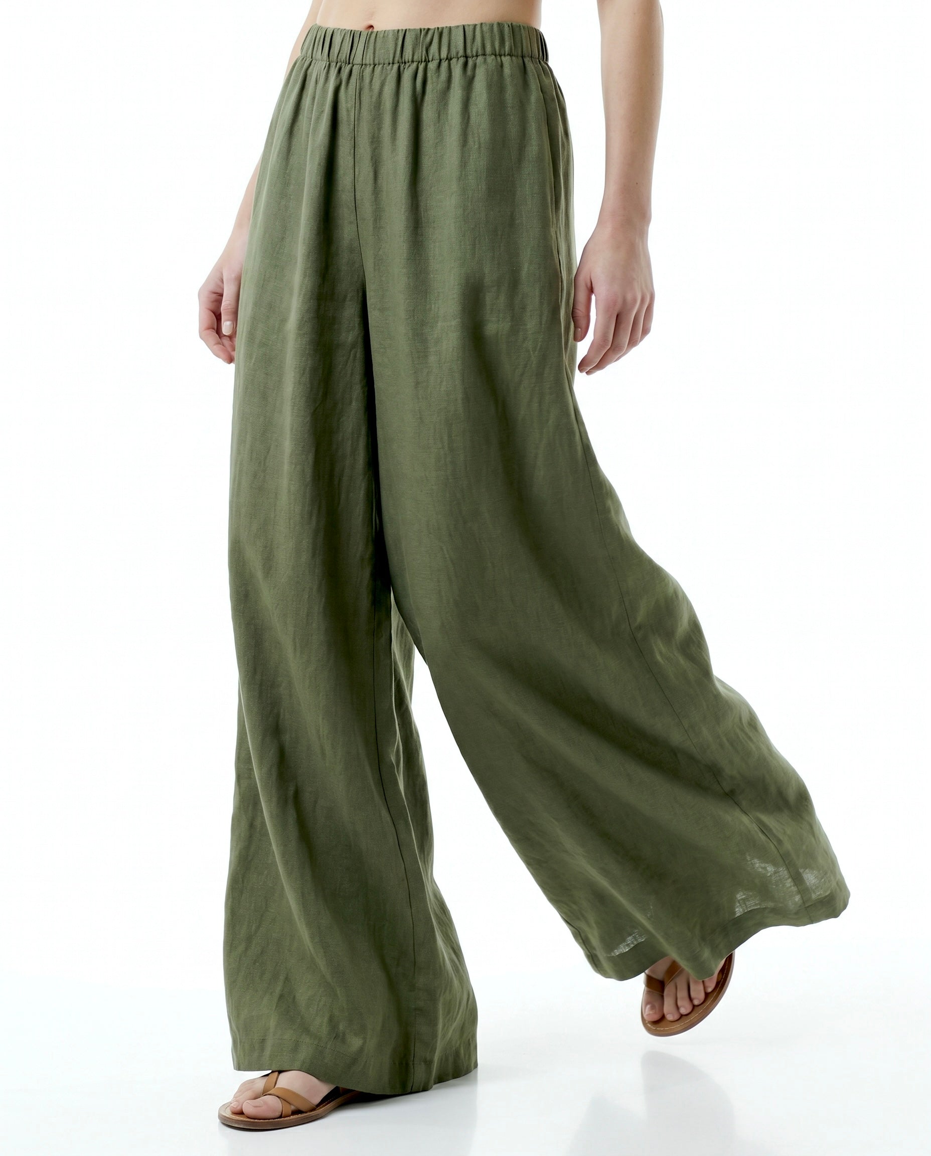 Pantalone Palazzo Verde militare in Lino con Elastico in Vita
