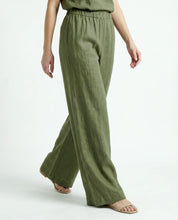 Pantalone Palazzo Verde militare in Lino con Elastico in Vita