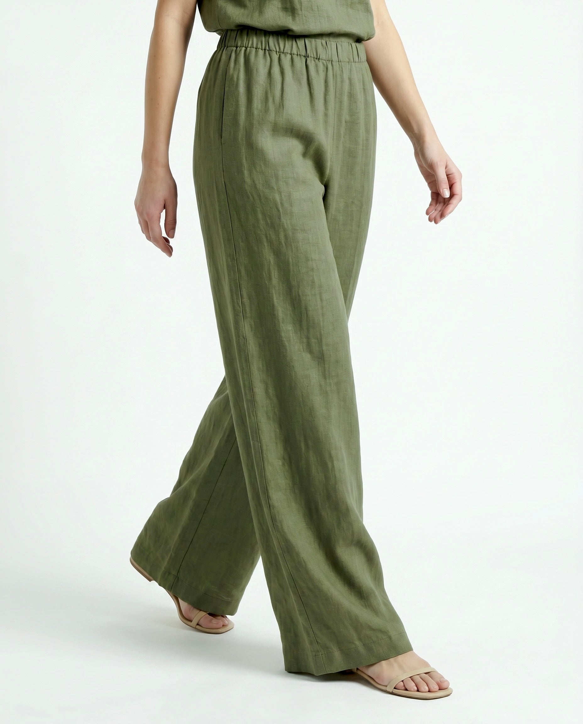 Pantalone Palazzo Verde militare in Lino con Elastico in Vita