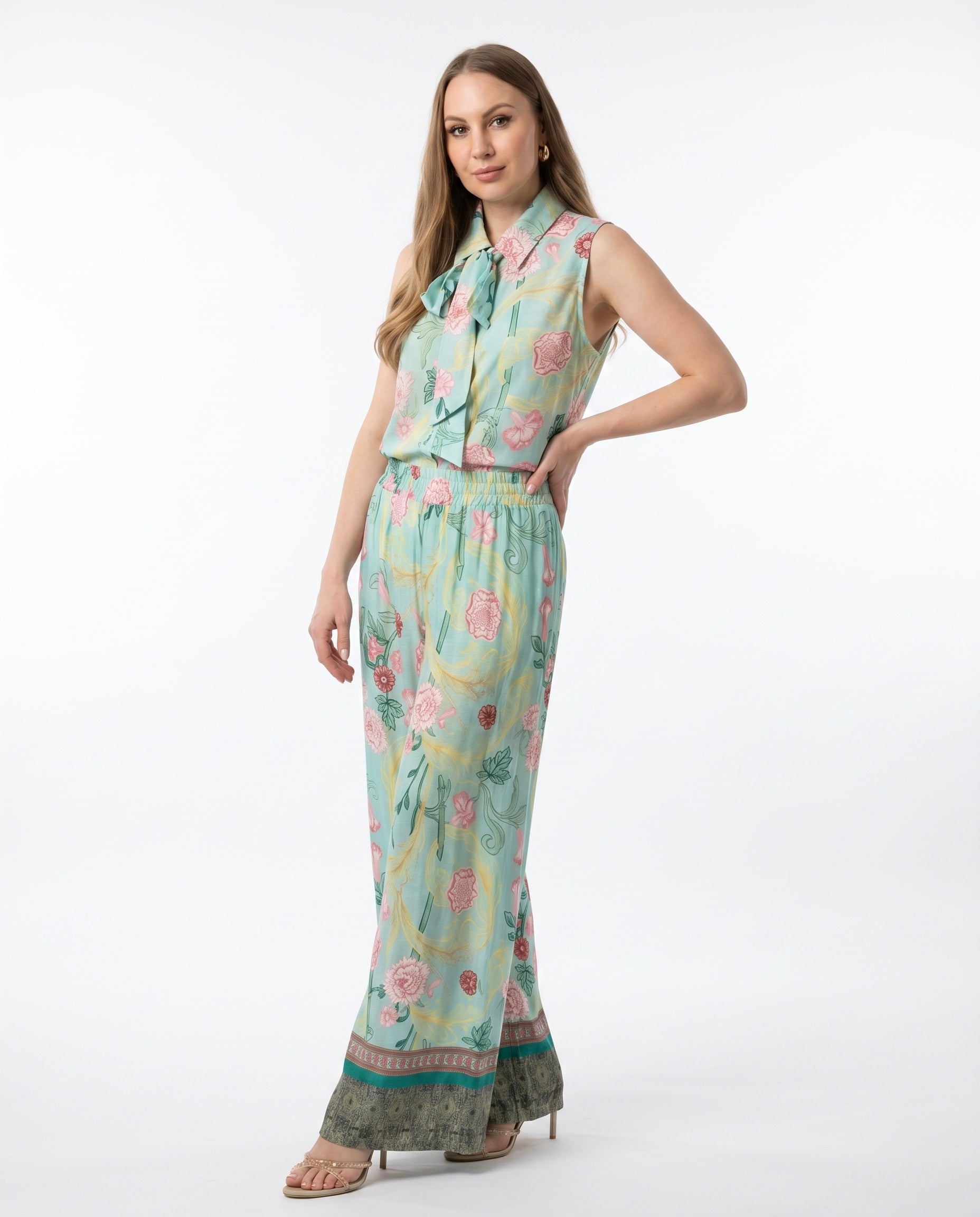 Blusa smanicata fantasia floreale con fiocco al collo WuSide