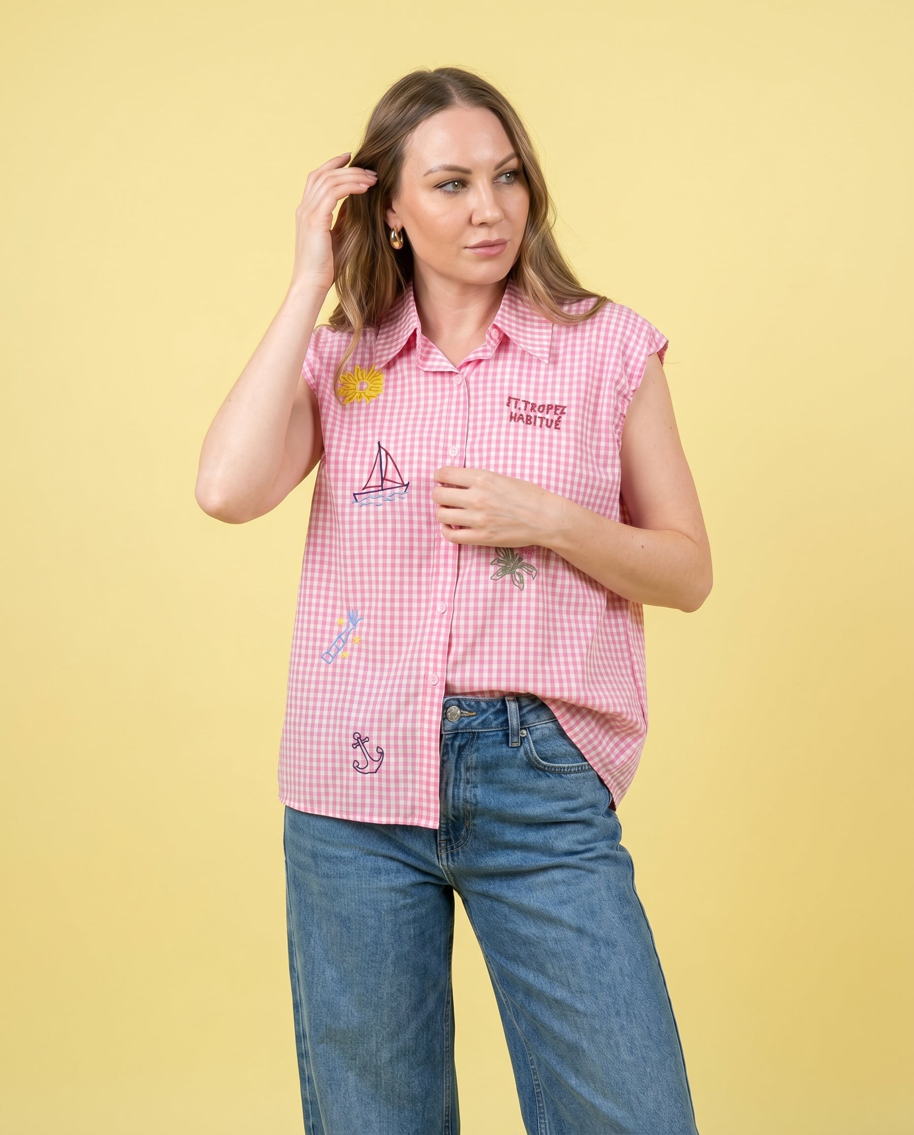 Camicia vichy rosa con ricami marini