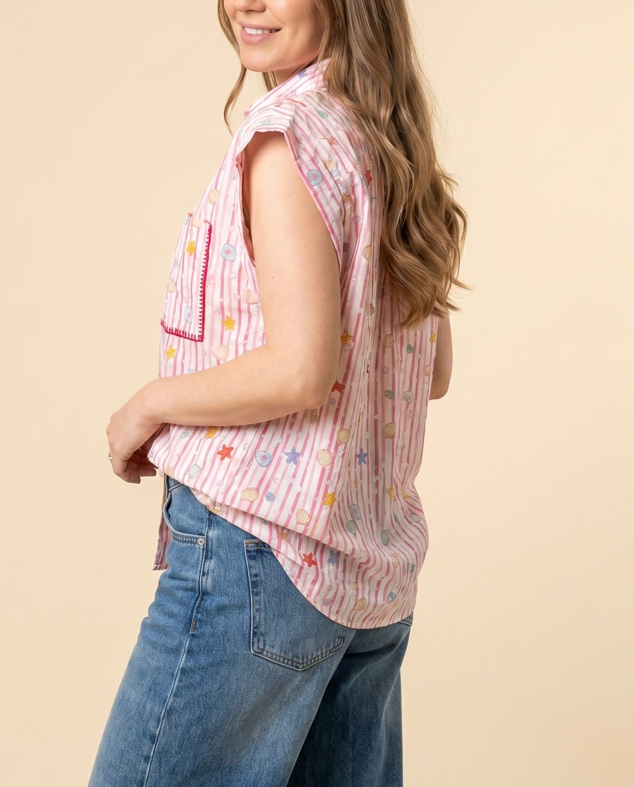 Camicia rosa a righe con fantasia marina