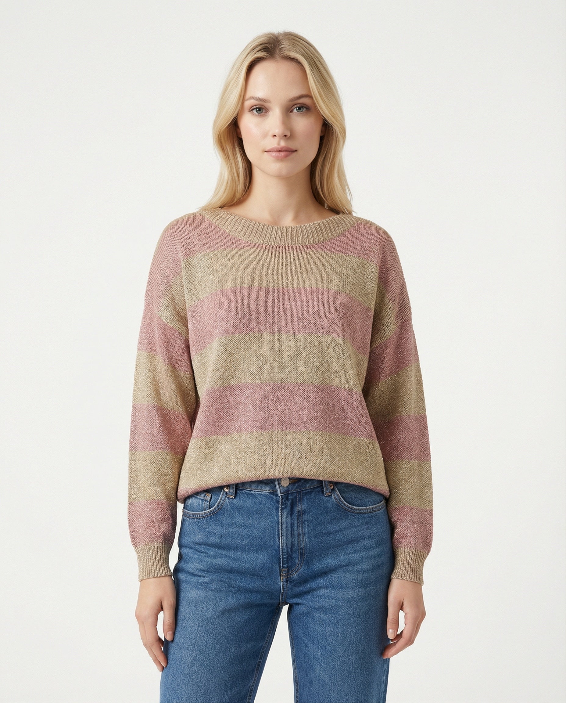 Maglione girocollo a righe lurex Rosa cipria e sabbia