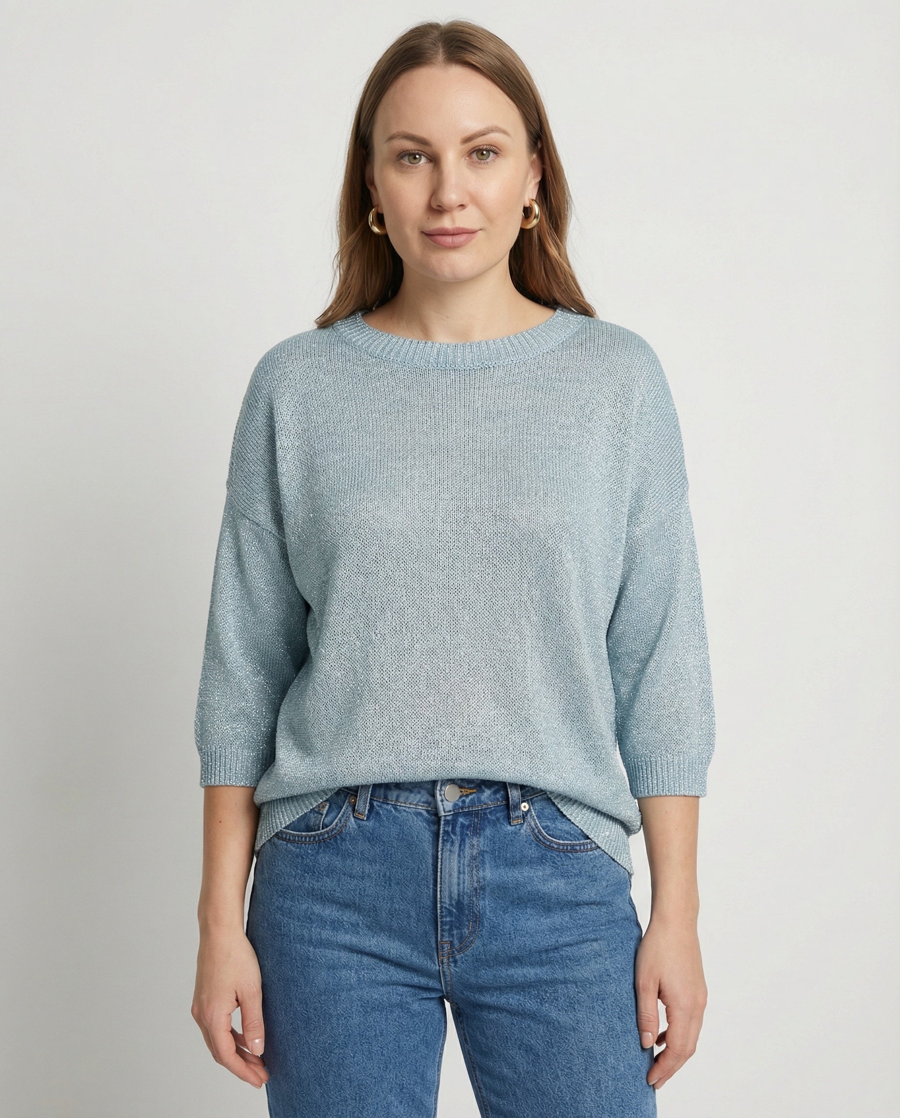 Maglia over in filato lurex con manica 3/4 – Azzurro polvere
