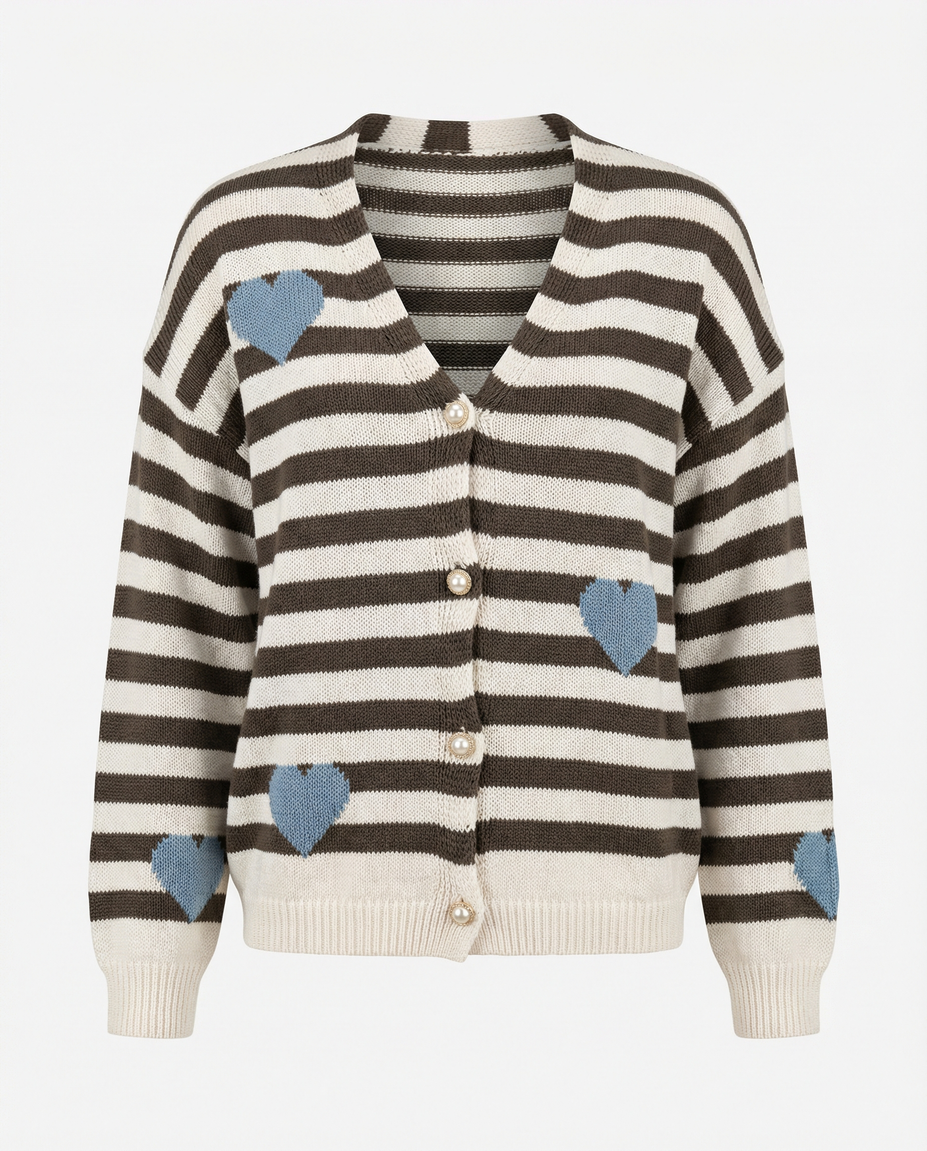 Cardigan a righe con cuori jacquard e bottoni perla – Panna/Marrone