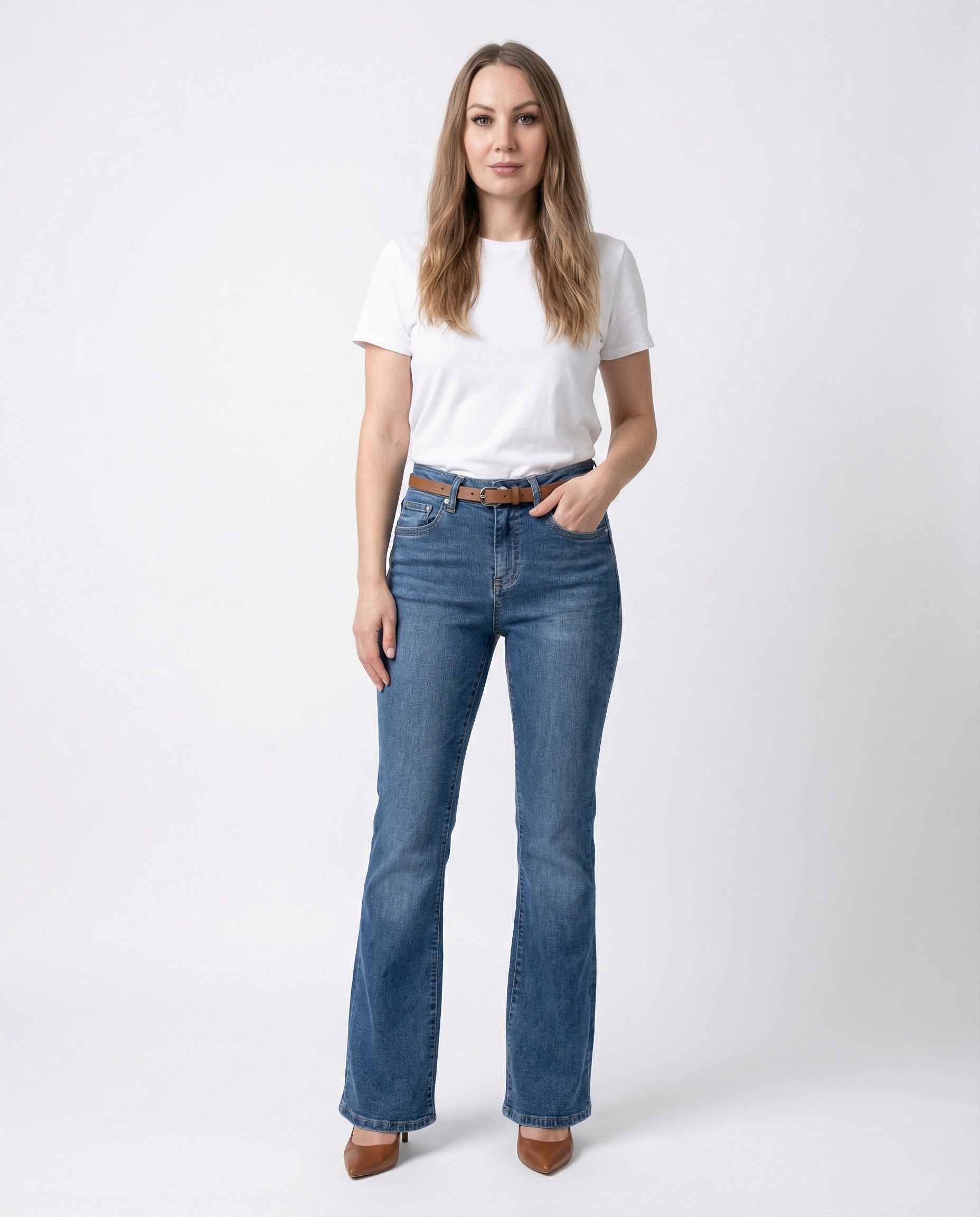 Jeans flare a vita alta – Denim blu medio