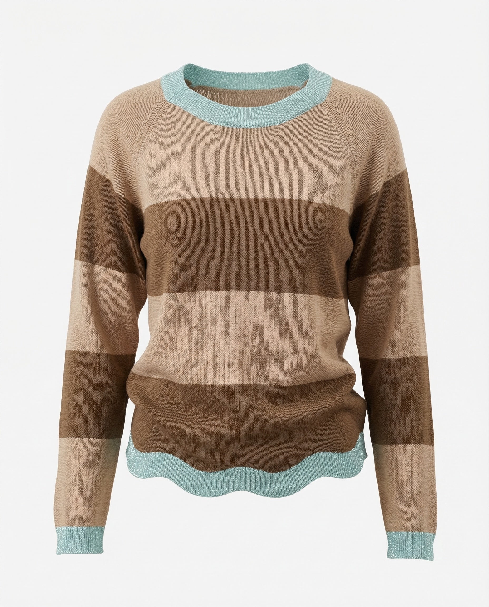 Maglia a righe con bordo ondulato – Beige/marrone
