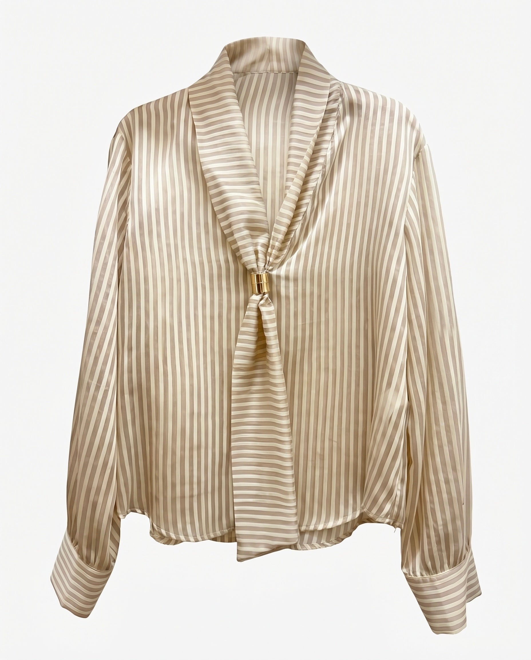 Blusa a righe con scollo foulard e dettaglio dorato – Beige/Ecru