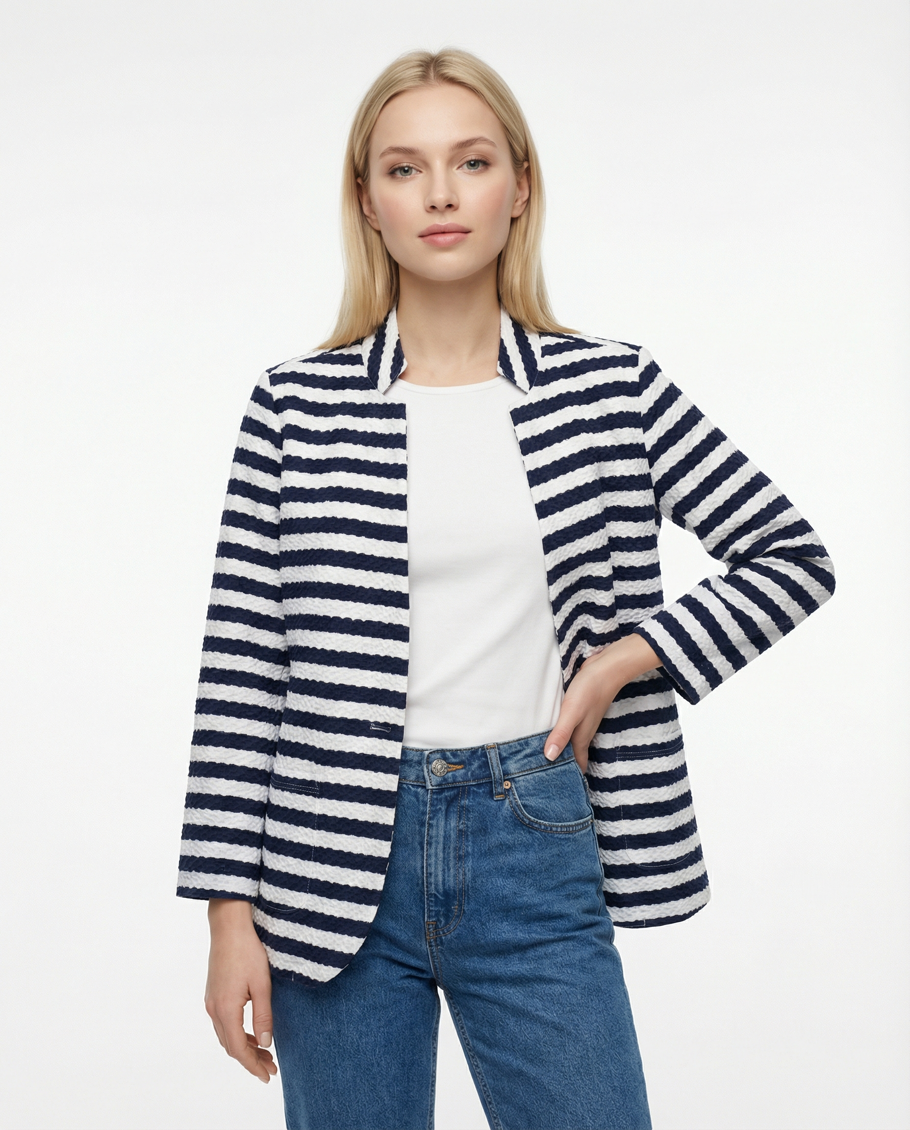 Blazer in jersey goffrato a righe – Navy/Avorio