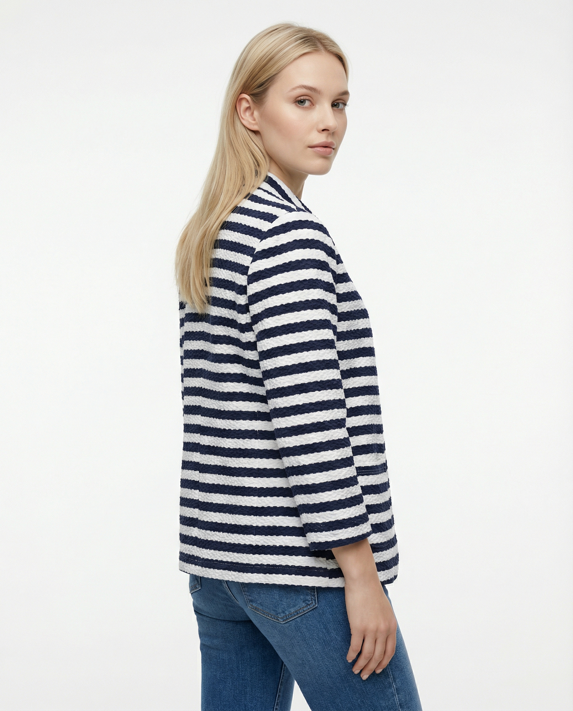 Blazer in jersey goffrato a righe – Navy/Avorio