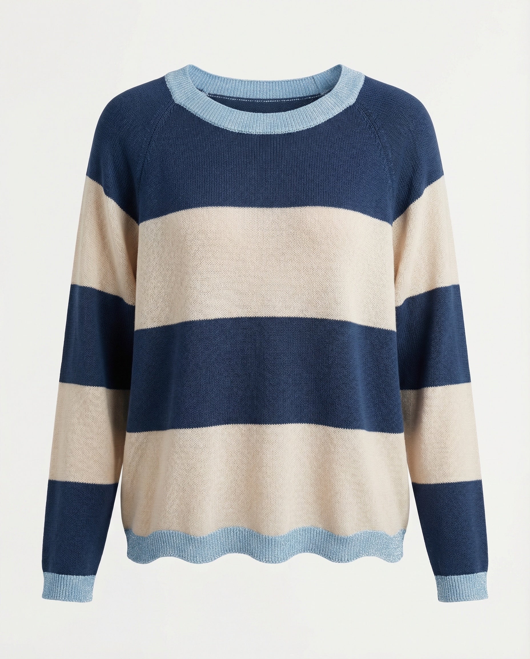 Maglia a righe con bordo ondulato – Blu/Crema