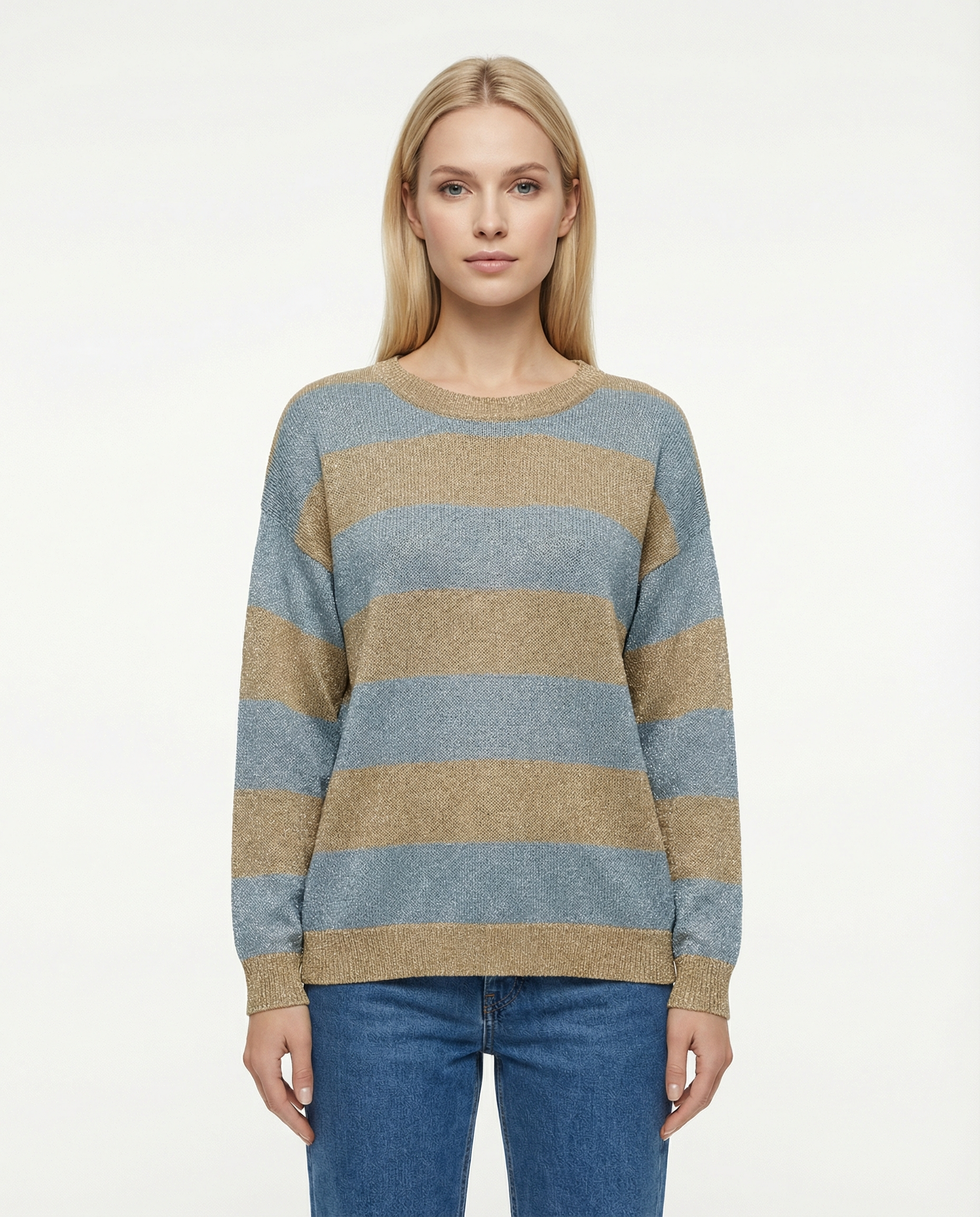 Maglione girocollo a righe lurex celeste e sabbia